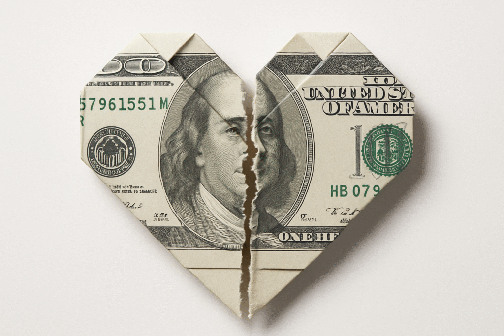 origami heart folded out of hundred dollar bill being split in half in divorce